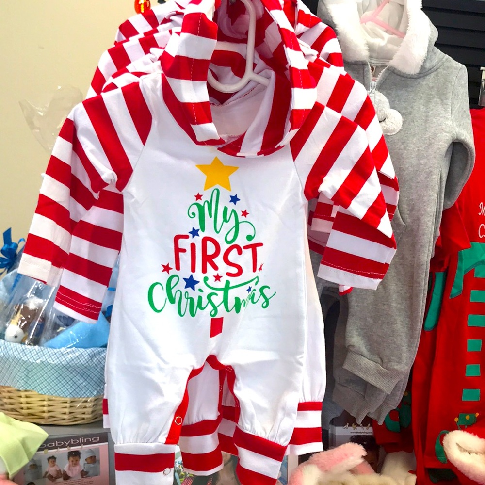 Christmas pattern long-sleeve with hood jumpsuit for baby (unisex)